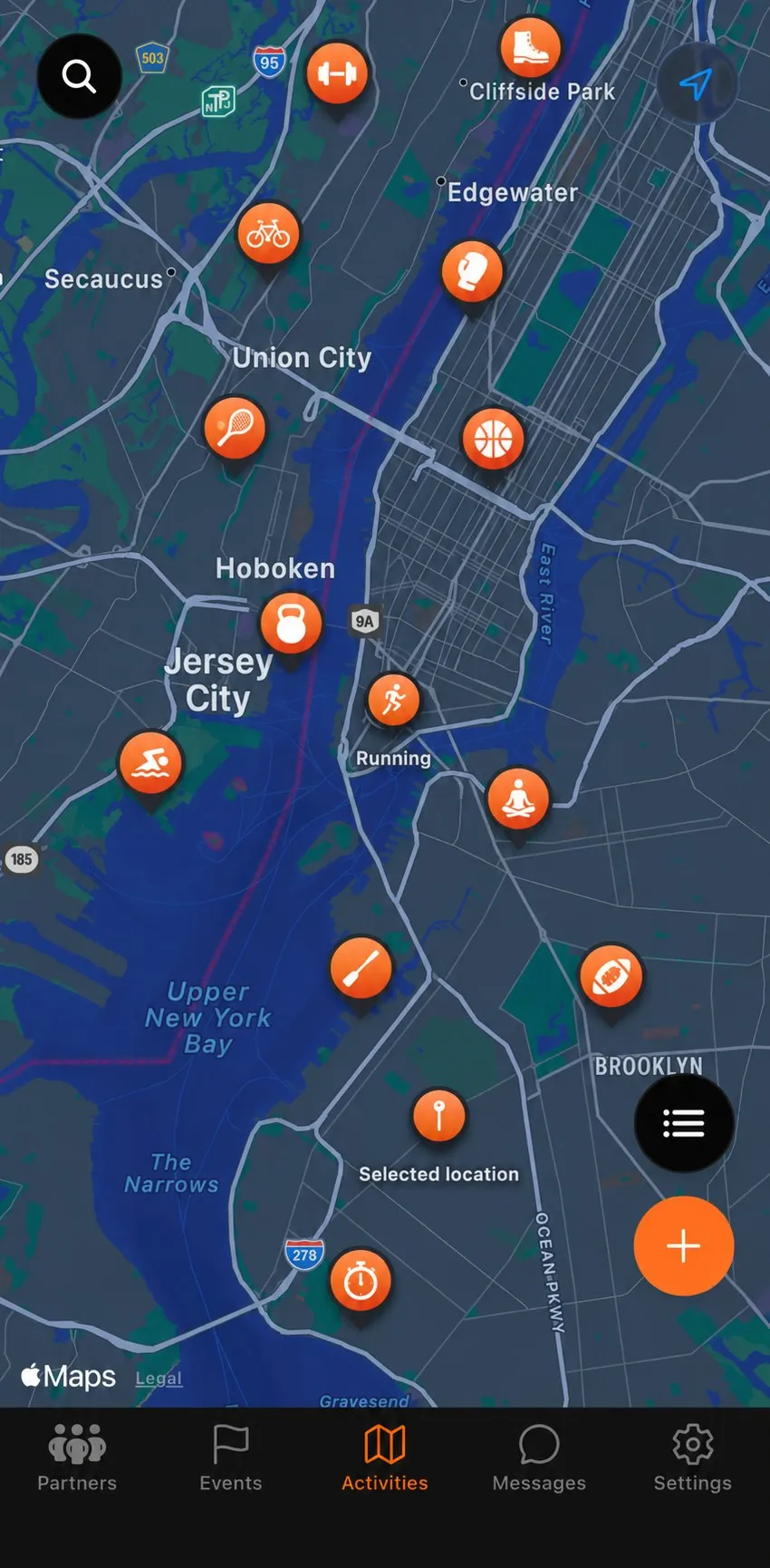RoxConnect-Aktivitätenkarte mit Läufen, Trainings und Treffen in der Stadt