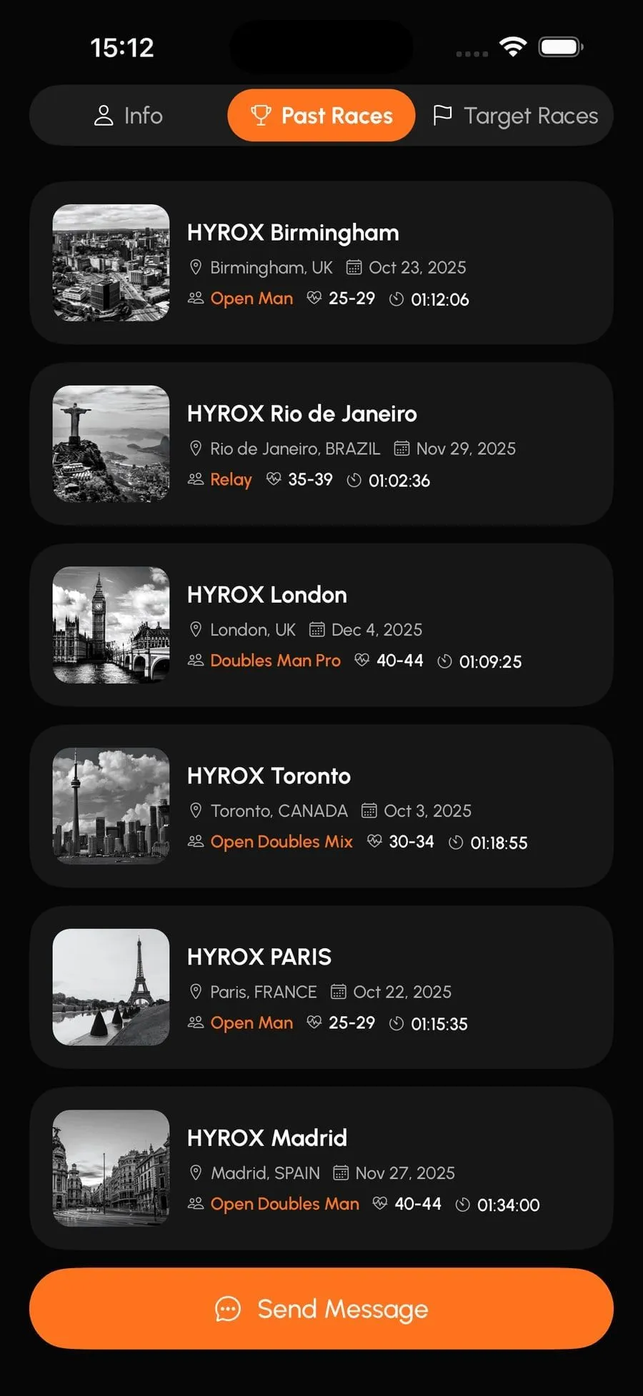 Storico gare HYROX di un atleta con città, date, divisioni e tempi